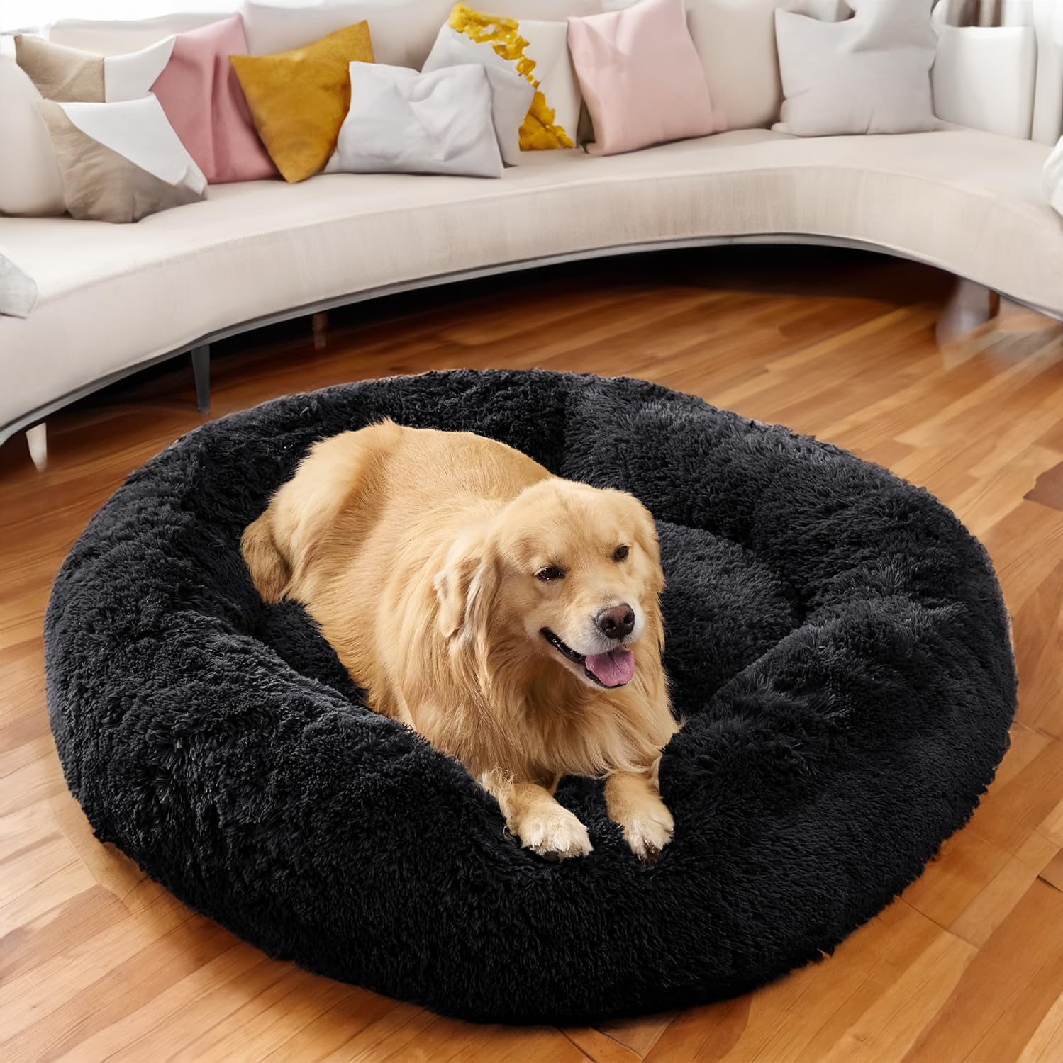 SEOUGEE Cuccia per cani a forma di ciambella calmante, letto rotondo in peluche soffice per gatti, cuscino morbido lavabile accogliente autoriscaldante per animali con fondo antiscivolo, nido coccole