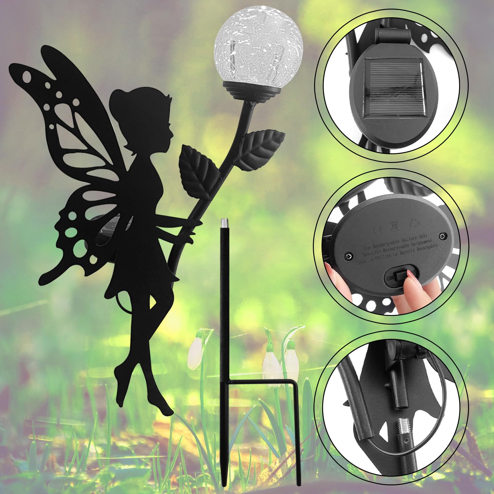2 Stück Solarleuchten Garten im Freien, Solarlampen für Außen, Elfe/Blumenfee Wasserdichte Solarleuchte, LED Glaskugel Gartenleuchte, Metall Blumenfee Terrasse Gartendeko