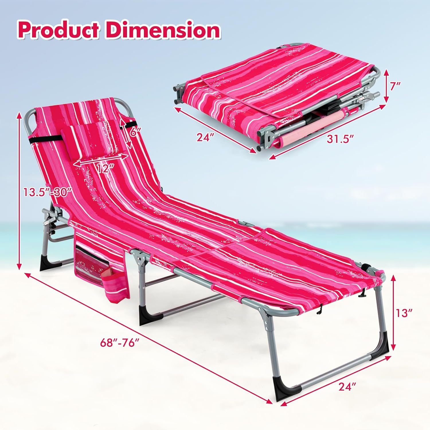 Goplus Tanning Chair, Folding Outdoor Beach Lounge Chair with Face & Arm Hole, Carrying Strap, Pillow,Position Adjustable Chaise Lounge Chair Sunbathing Chair for Lawn Pool