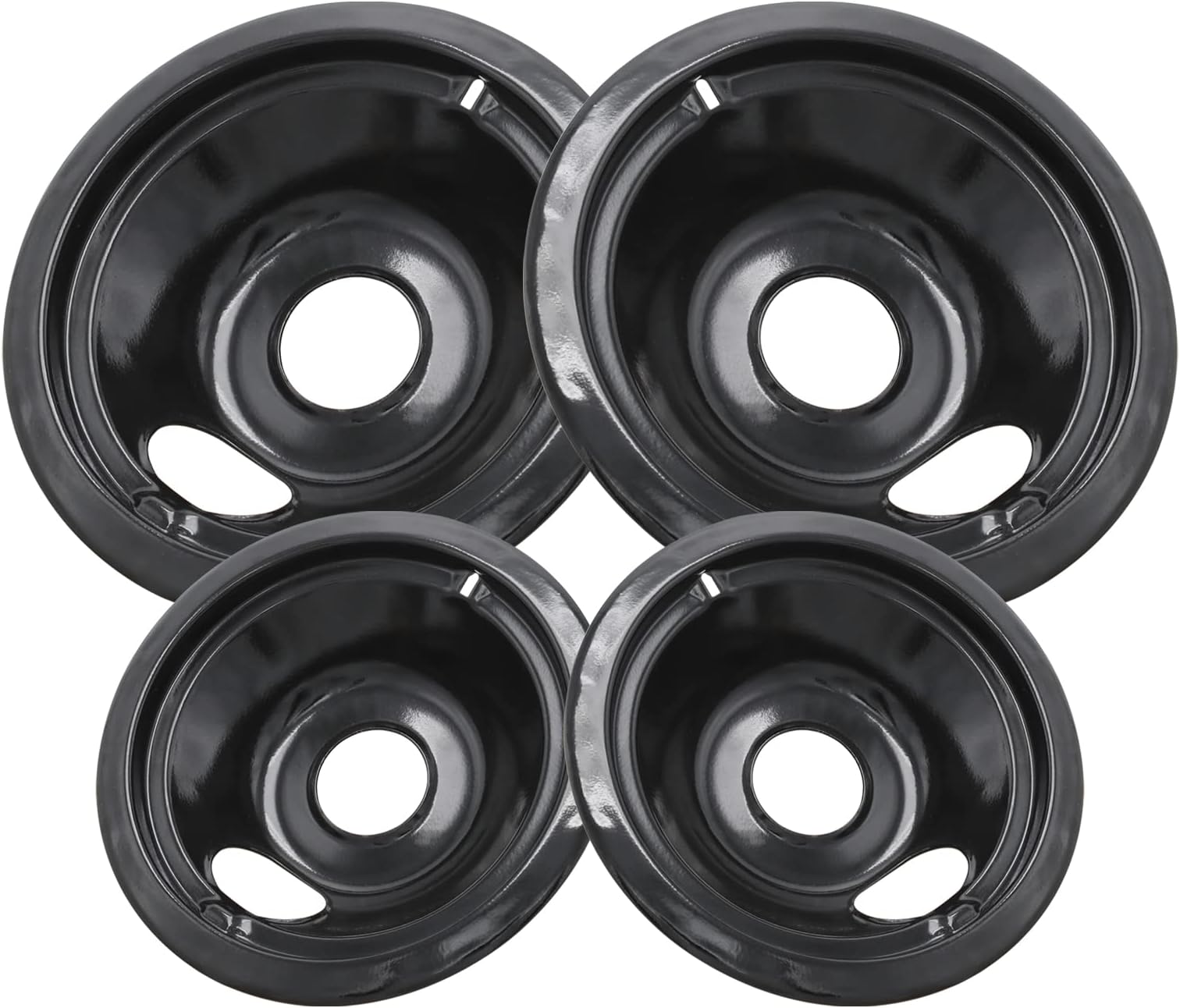 GE Black Stove Drip Pans, 10% Energy Save by Enamel Spraying Prevent Bending and Rust - Include 2 6'' Burner Drip Pans and 2 8'' Drip Bowl