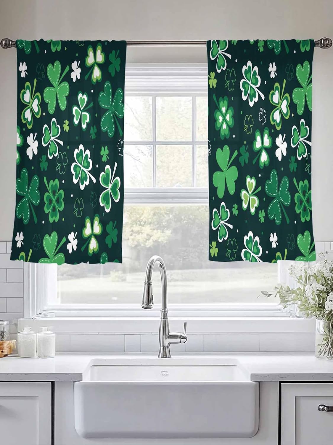 St. Patrick's Day Sheer Curtains 45 Inches Long 2 Panels, Spring Green Plant Shamrock Fantasy Rod Pocket Window Sheer Curtain Voile Drapes for St. Patrick's Day Party, 52''x45''