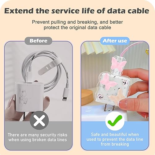 Miniatura 4 de Lindo protector de cable de onda compatible con adaptador de cargador de iPhone con diseño láser de mariposa rosa brillante, cubierta de línea de