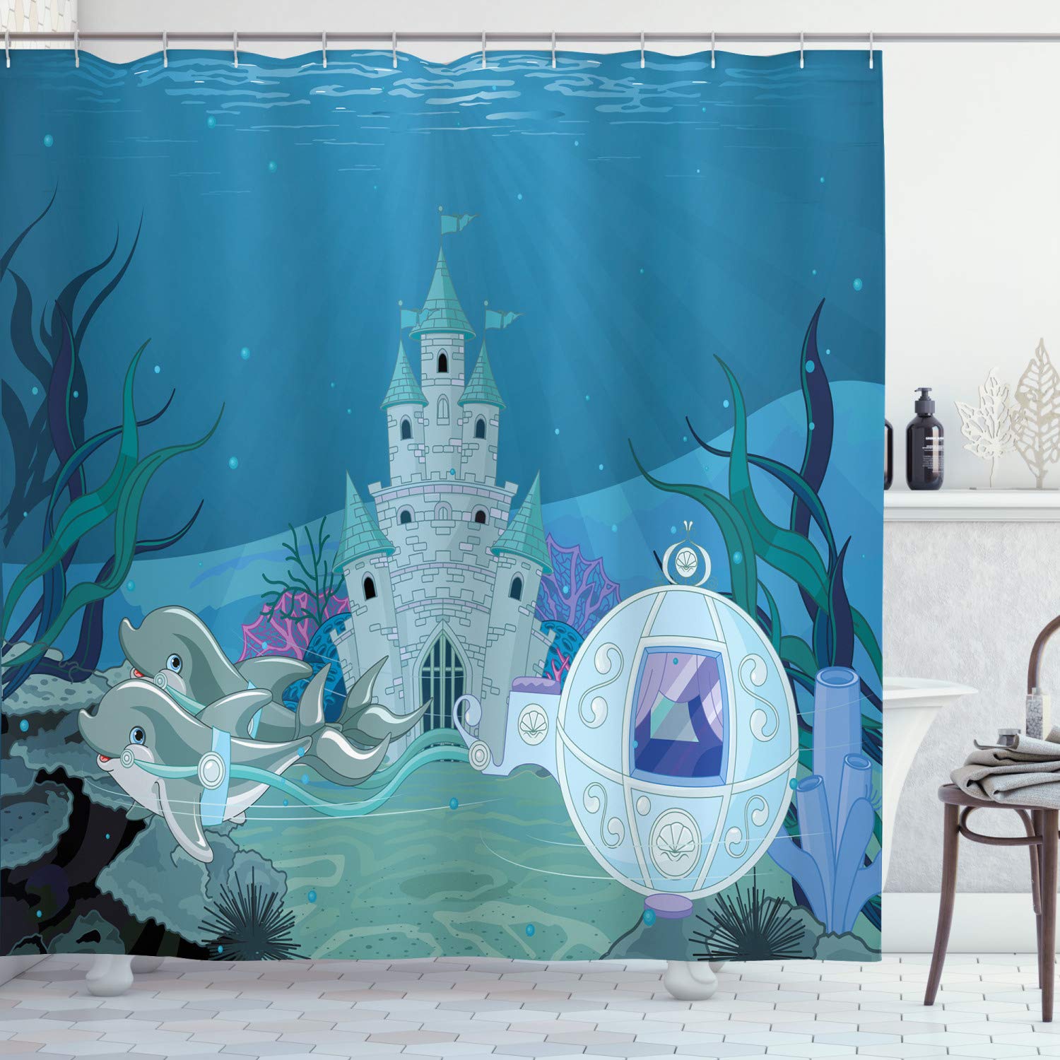 ABAKUHAUS Ocean Shower Curtain, Fairytale Mermaid Castle with Dolphins Moss Fish Sun Beams Art Print, Cloth Fabric Bathroom Decor Set with Hooks, 94 Inches, Turquoise Pale Blue Teal — image 1