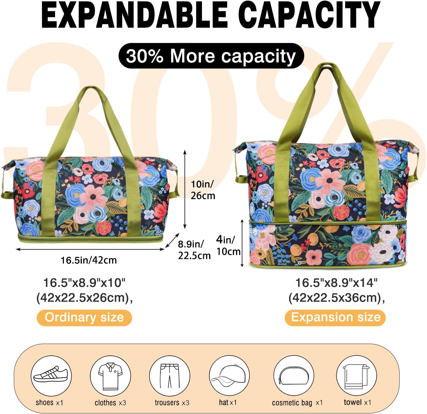 Expandable Travel Duffel Bags for Women Large - Gym Bag Waterproof Floral Weekender Beach Tote Carry on Bag with Luggage Sleeve for Spirit Airlines Personal Item Bag Overnight Mom Hospital Duffels - Image 3