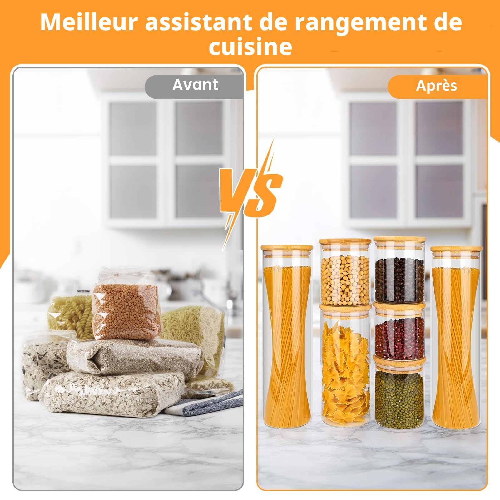 Bocaux en Verre avec Couvercle en Bambou - Set de Rangement Cuisine Hermétique 7 Pièces (2×1400ml, 3×500ml, 1×400ml, 1×900ml)