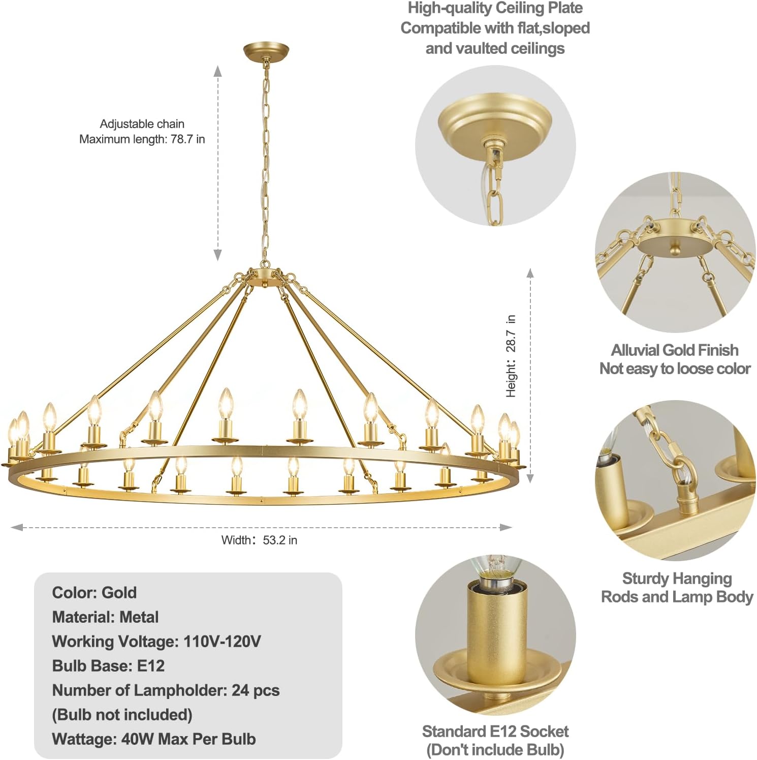 Gold Wagon Wheel Chandelier 53-Inch 24-Light,Extra Large Round Rustic Farmhouse Chandelier Metal Circle Chandeliers for Dining Room Living Room High Ceilings