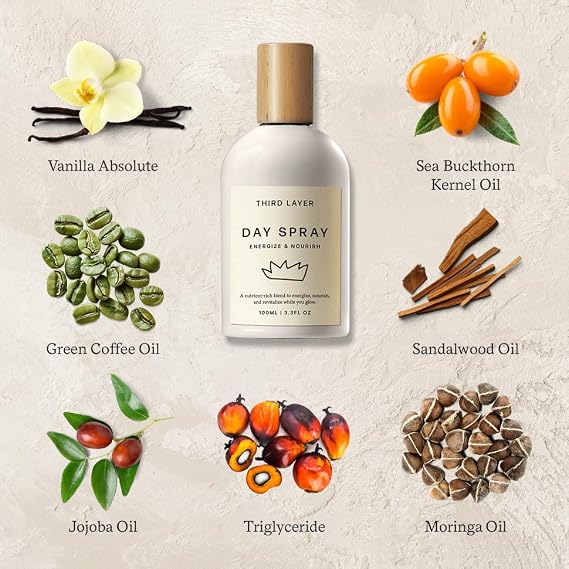 Third Layer Day Spray Body Oil, Warm Vanilla & Sandalwood, 3.3 fl oz | Jojoba, moringa & green coffee, naturally scented, alcohol & paraben-free, fast-absorbing, for daily body hydration