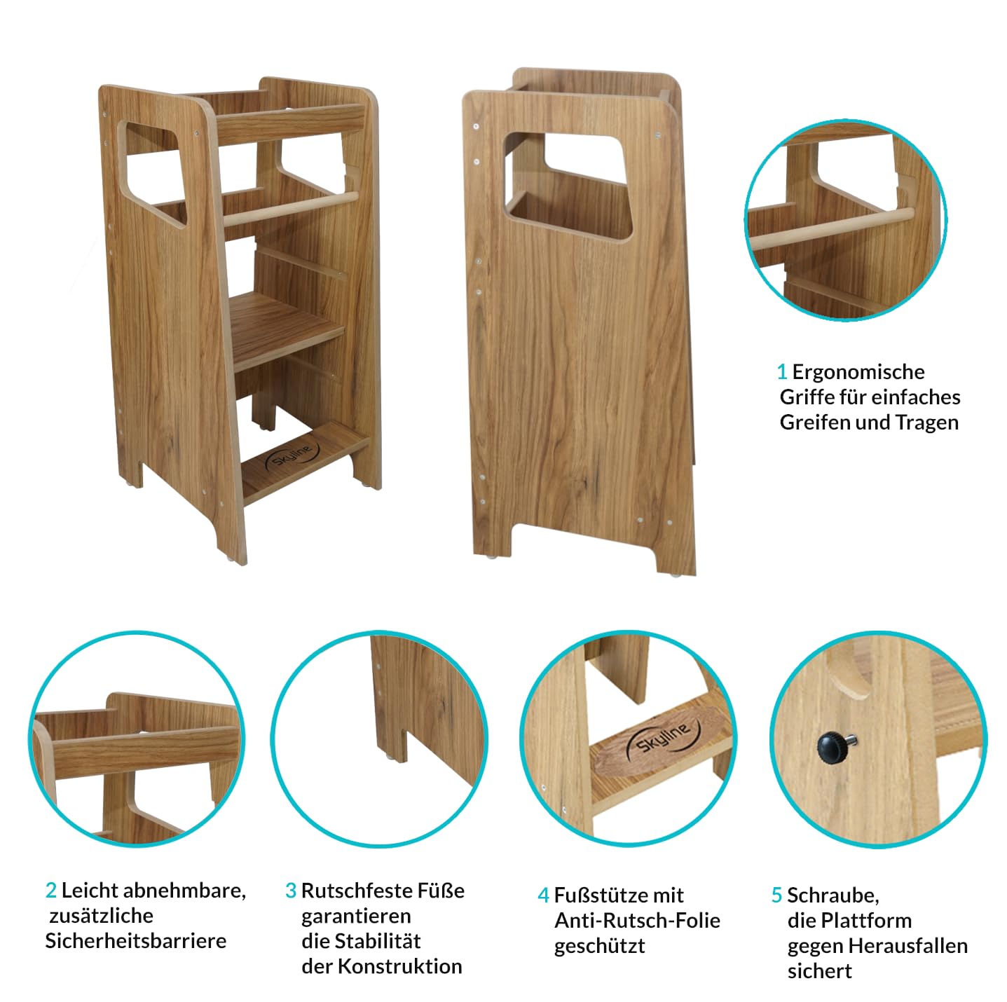 Skyline Steh und Lernturm Baby ab 1 Jahr Montessori Learning Tower Höhenverstellbar Tritthocker Kinder Indoor Möbel Kinderzimmer Trittschemel Kitchen Helper Hochstuhl Faltbarer Braun Holzimitat