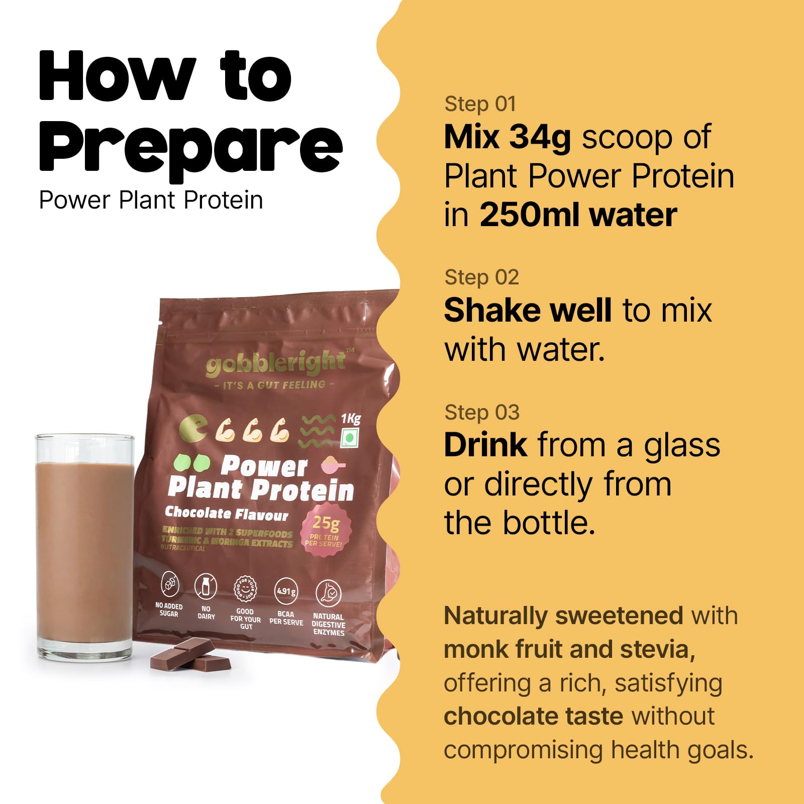 GOBBLERIGHT Plant Protein Powder Chocolate (1kg)-28.5g Protein & 4.91g BCAA Per Serve|Isolate & Concentrate Pea Rice Powder with Turmeric & Moringa Extracts|No Added Sugar|Gut Friendly — Amazon image 7