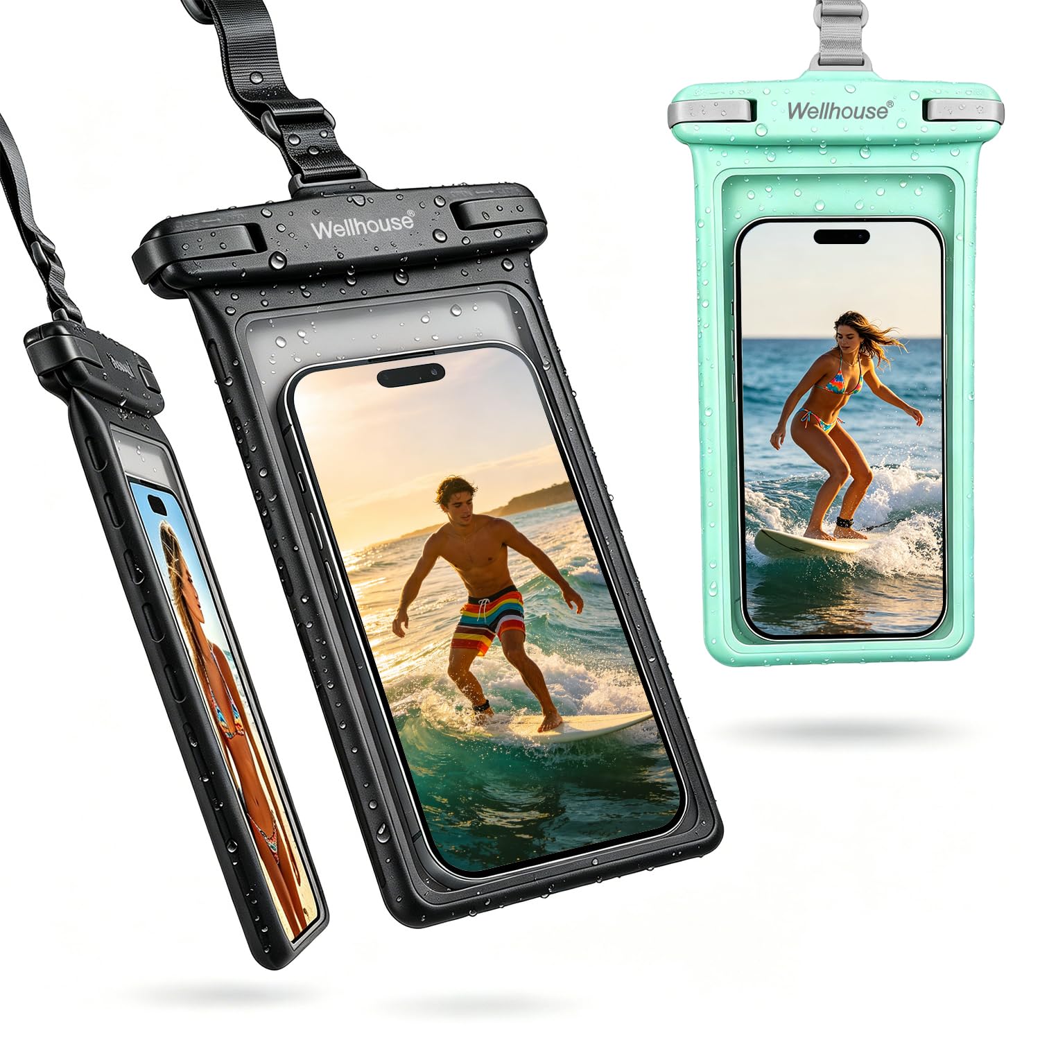 wellhouse Waterproof Phone Pouch, Waterproof Phone Case for iPhone17 16 15 14 13 Pro Max XS Samsung, IPX8 3D Cellphone Dry Bag Beach Essentials (2 Pack - Black &amp; Green 8.0", 8 inch)