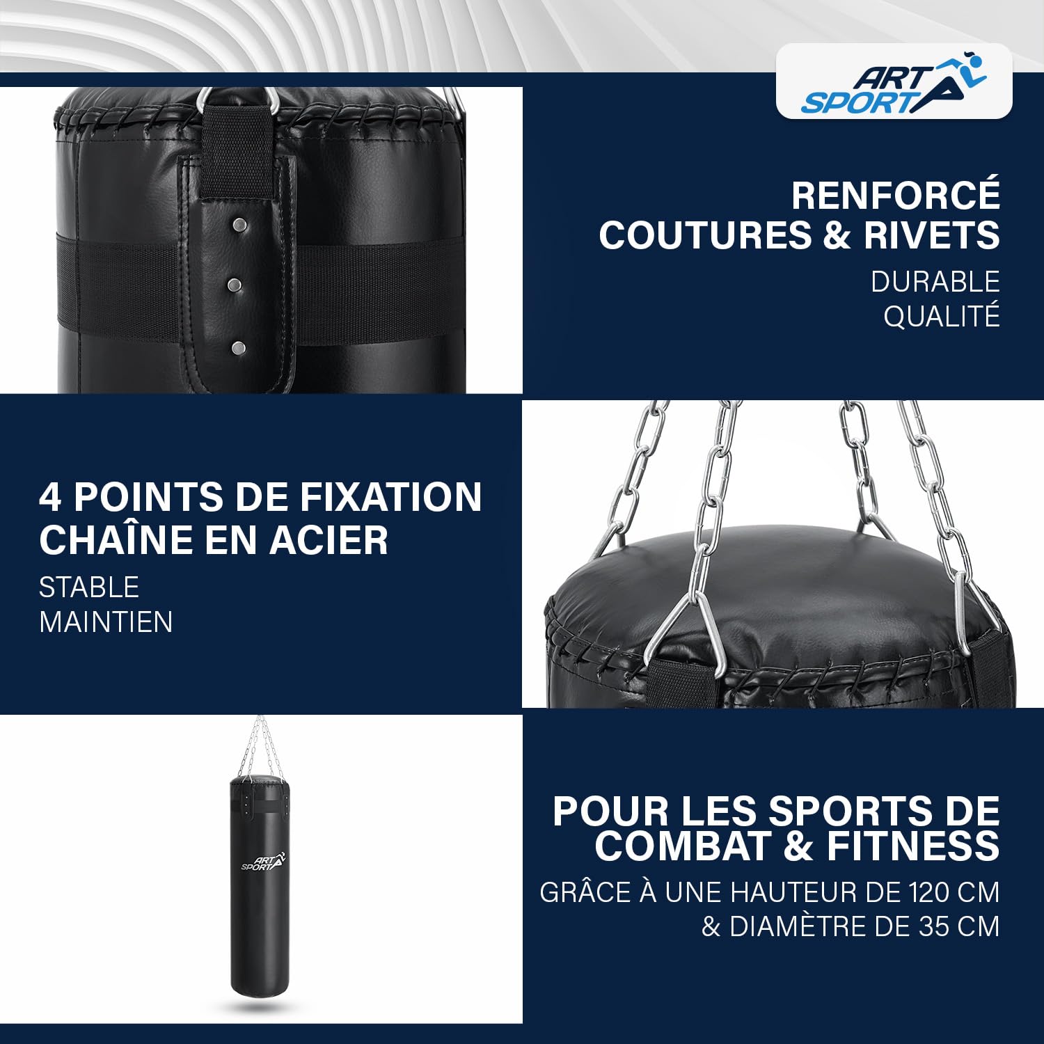 ArtSport Sac de Boxe avec Chaîne en Acier & Pivot - Sac de Frappe Suspendu pour Boxe & Kickboxing