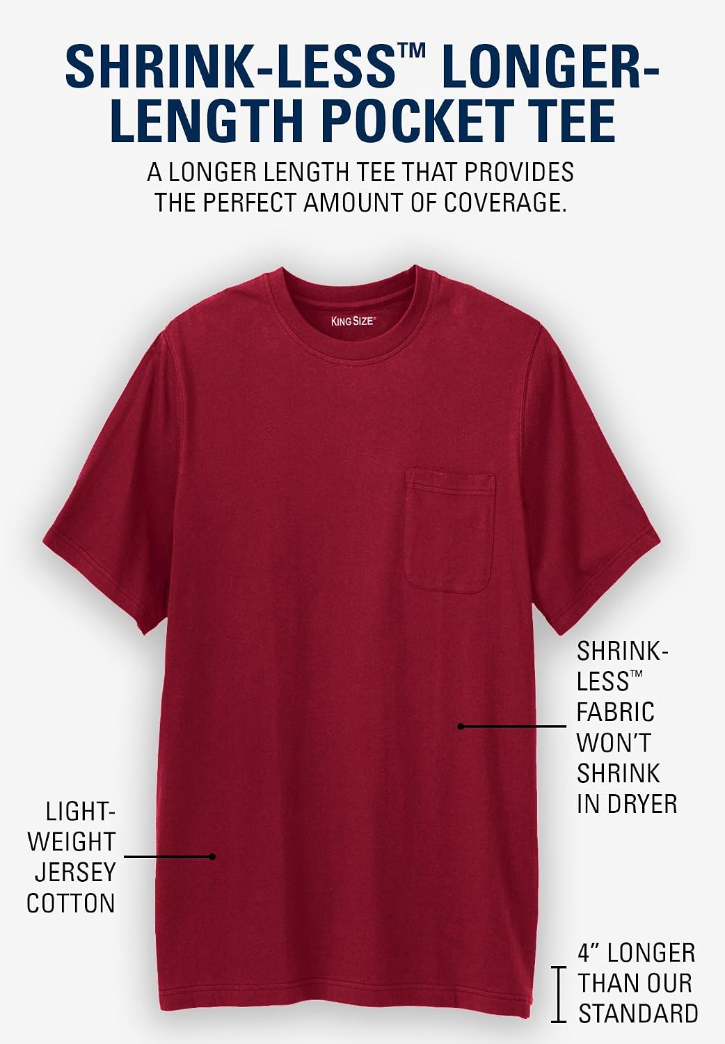 KingSize Men's Big & Tall Shrink-Less Lightweight Longer-Length Crewneck Pocket T-Shirt