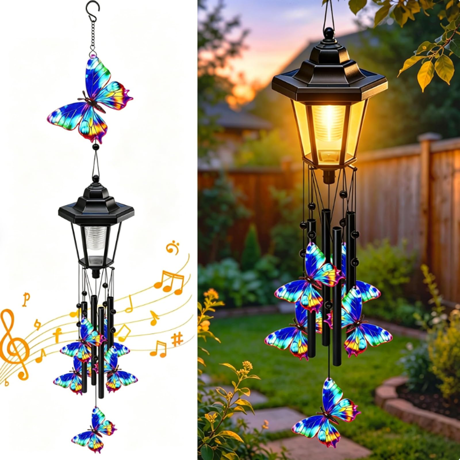 JORCEDI Wind Chimes for Garden, Hanging Solar Lights Outdoor, Waterproof Hummingbird Wind-Chime Decoration Gifts for Women (butterfly)
