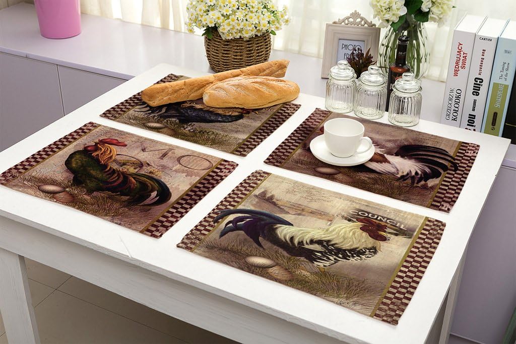 Top Brands HACASO 7 Pieces Cotton Linen Placemats Oil Painting Rooster Pattern Dining Table Mats(3)