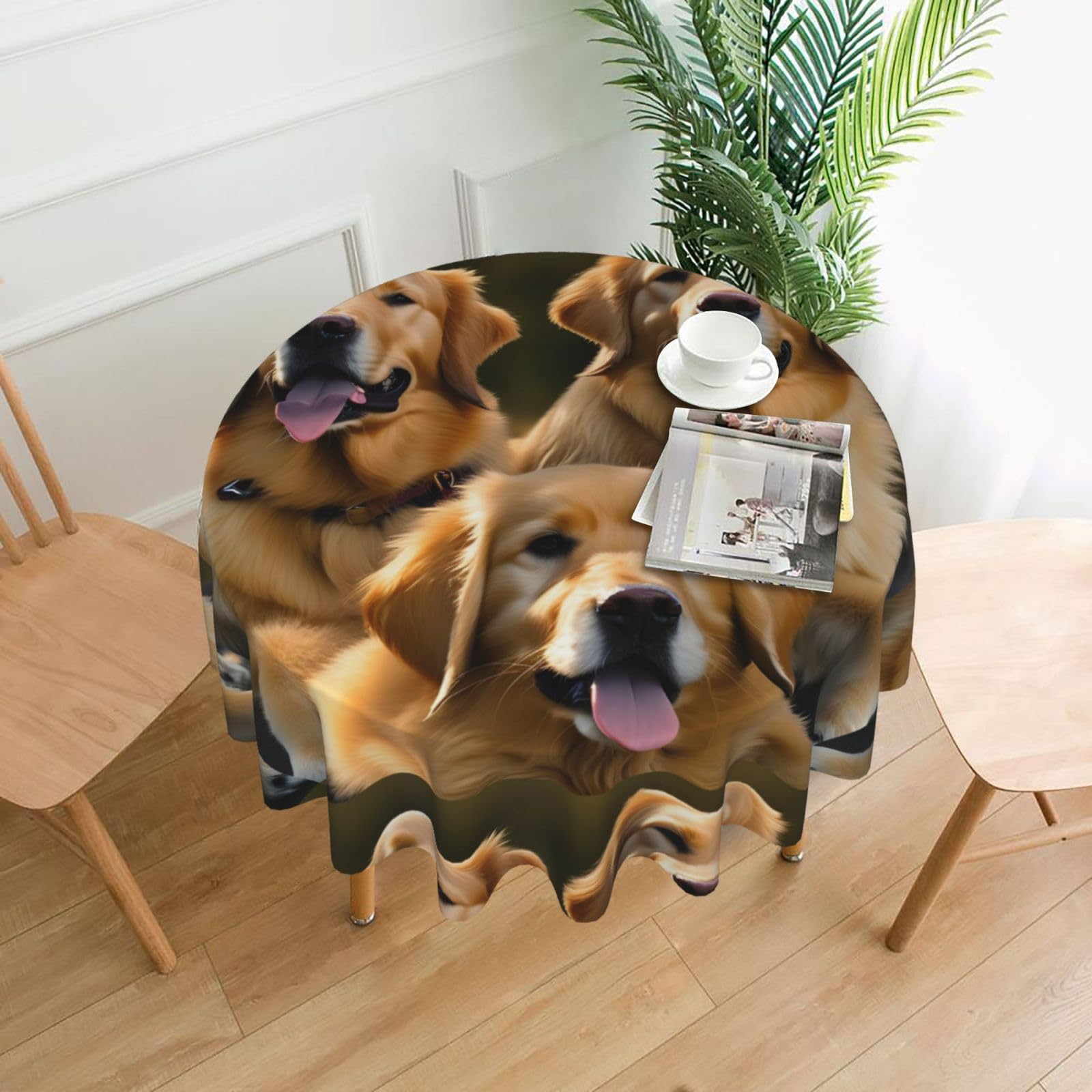 Nbtghga Golden Retrievers Print Tablecloth Round Border Table Cloth Cover Decorative For Party Holiday Dinning Tabletop Home