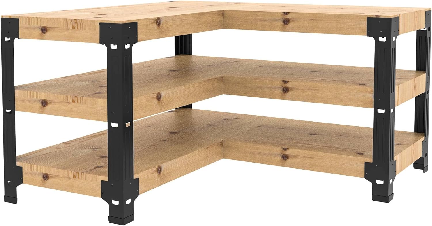 FLEXIMOUNTS Universal Steel Workbench Kit 5 Legs L Shaped Heavy Duty Work Bench for Garage Storage Shelving Workbenches Frame Black Customizable Work Table Brackets, Lumber Not Included