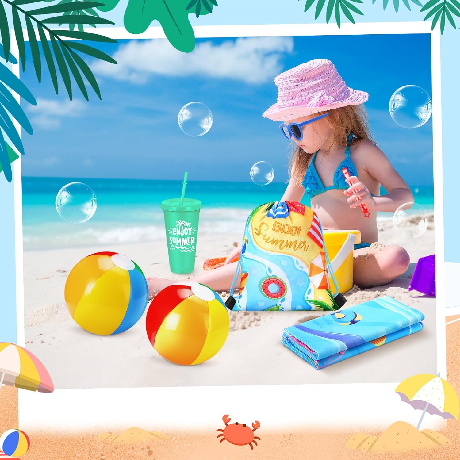 Honeydak 6 Set Pool Party Favors and Beach Toys End of Year Gift Summer Drawstring Backpack Bag Tumbler Cups Beach Towel Balls Sunglasses Bubble Wands for Pool Games Birthday Party Favors