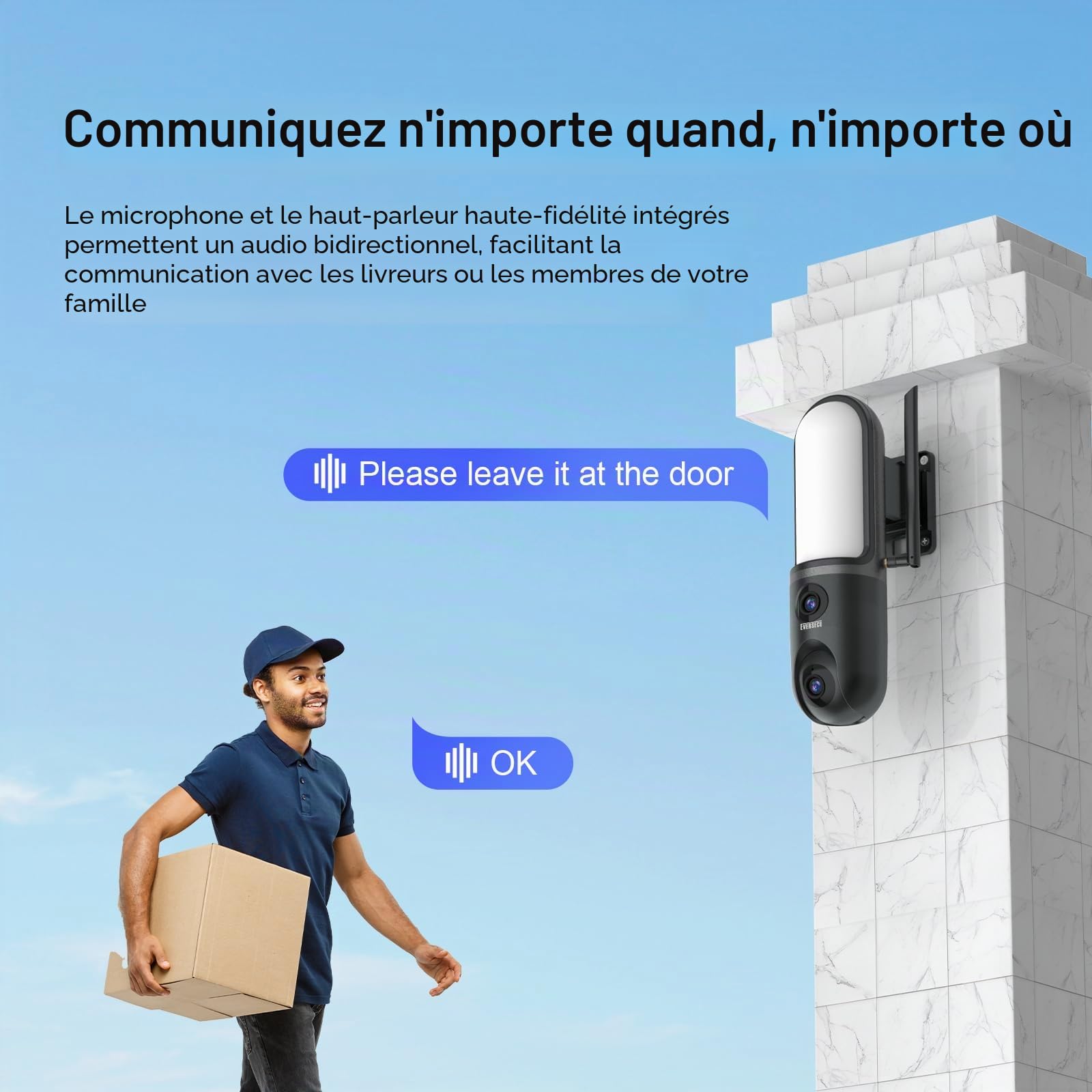 EVERSECU Caméra murale étanche à double objectif, vidéo 3K, projecteur 1200 lm, audio bidirectionnel, suivi automatique PTZ, prend en charge ONVIF et RTSP et Alexa, stockage Cloud/SD, caméra de