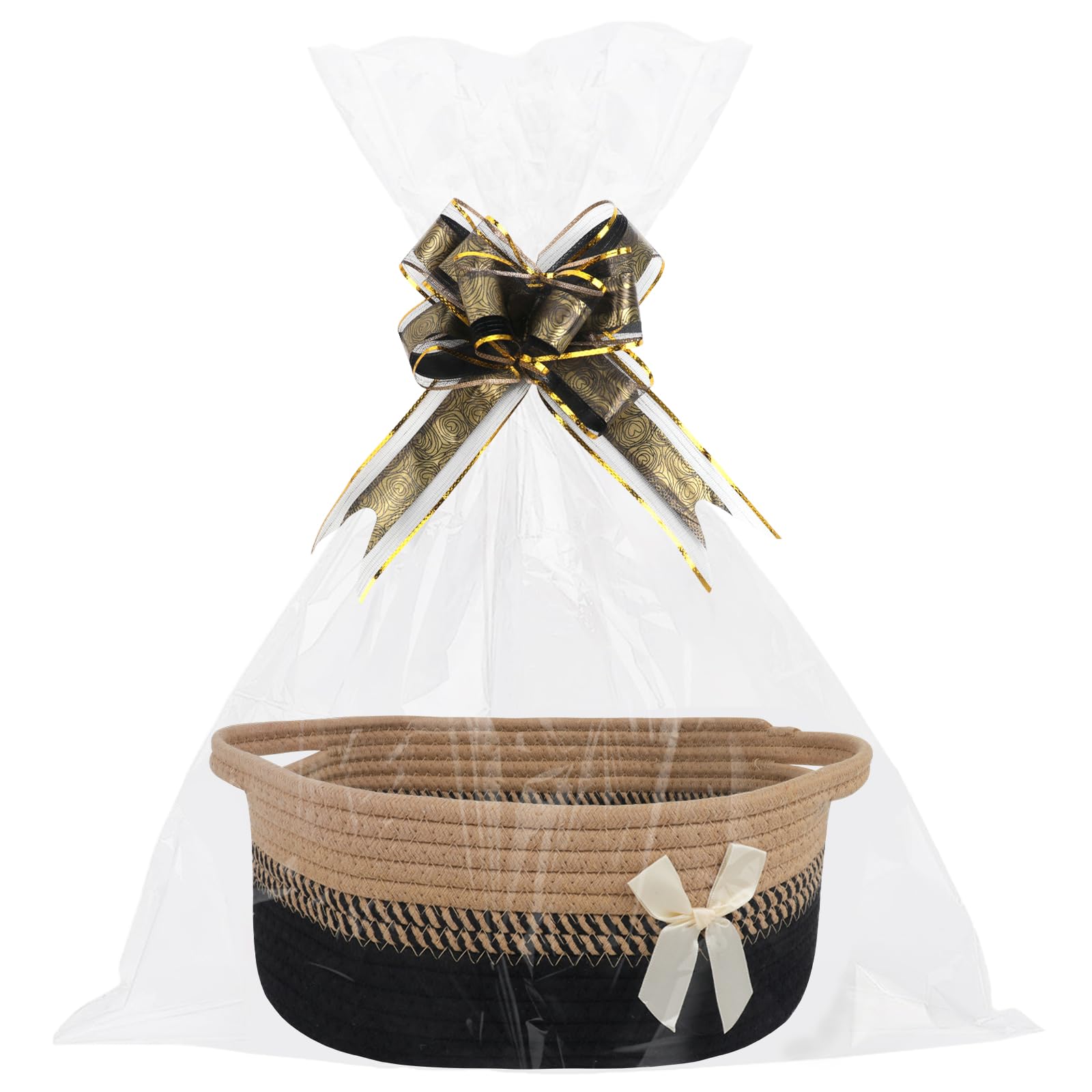 Lotvic Gift Basket, Hamper Kit, Empty Hamper Basket with Cellophane Bags and Pull Bows, Gift Baskets with Handles, Woven Gift Baskets for Baby Shower, Wedding, Birthday, Housewarming (Black & Brown)
