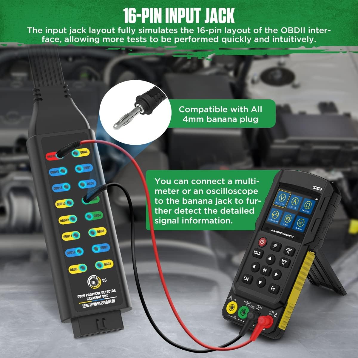 OBD2 Breakout Box Professional OBDII Breakout Box Protocol/Power/Ground Detector Breakout Box for Power the Car 16-Pin CAN Breakout Box Automotive with 4mm Banana Jack,18inch Cable,4 Sets Jumper Wires