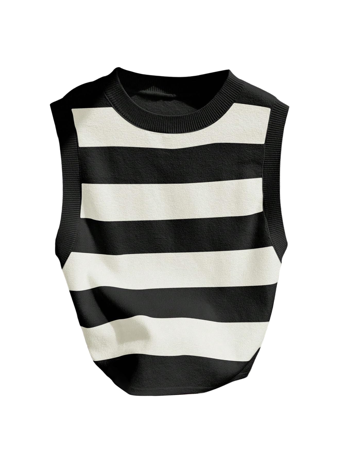 Womens Striped Knitted Vest Crew Neck Sleeveless Pullover Sweater Fall Tops