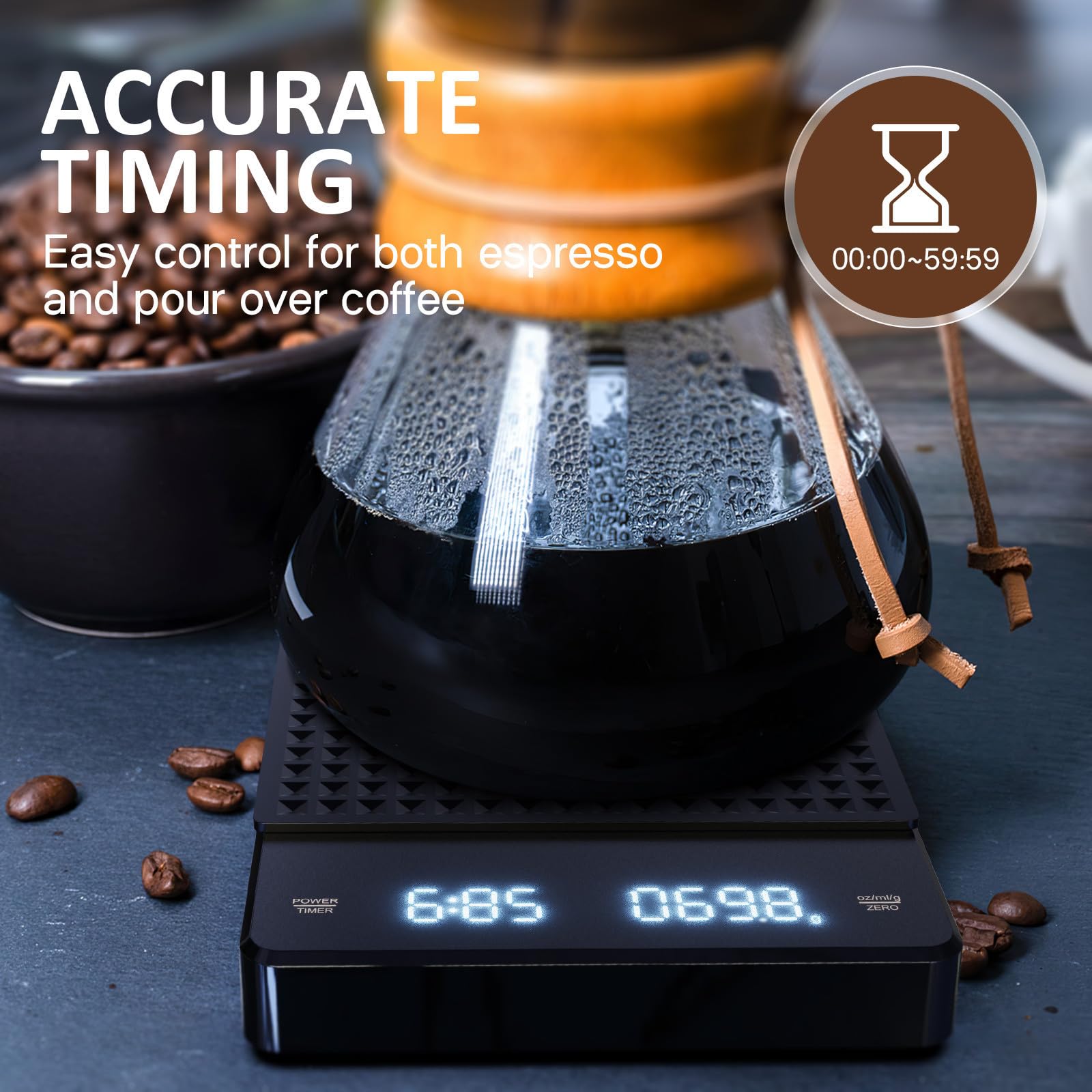 Uonlytech Bilancia Digitale per Caffè Espresso con Timer, Precisione 0,1g Capacità 5000g, Spegnimento Automatico, per Cucina e Preparazione Caffè