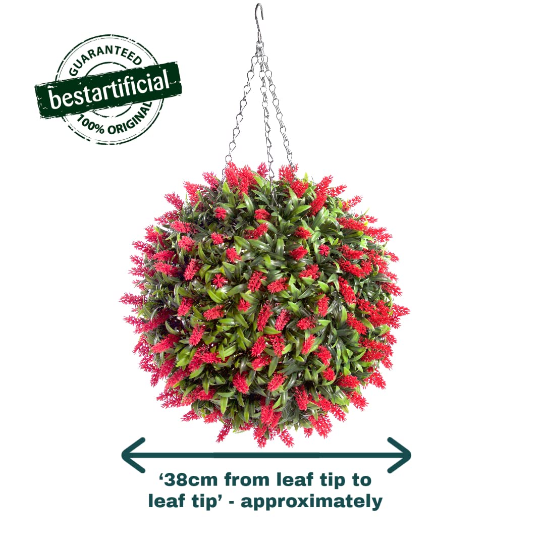 2 Meilleur Artificial (TM) 40cm Lush Red Long Leaf Lavande Pendentif Flower Balls Topiary Grass ** UV Fade Protected **