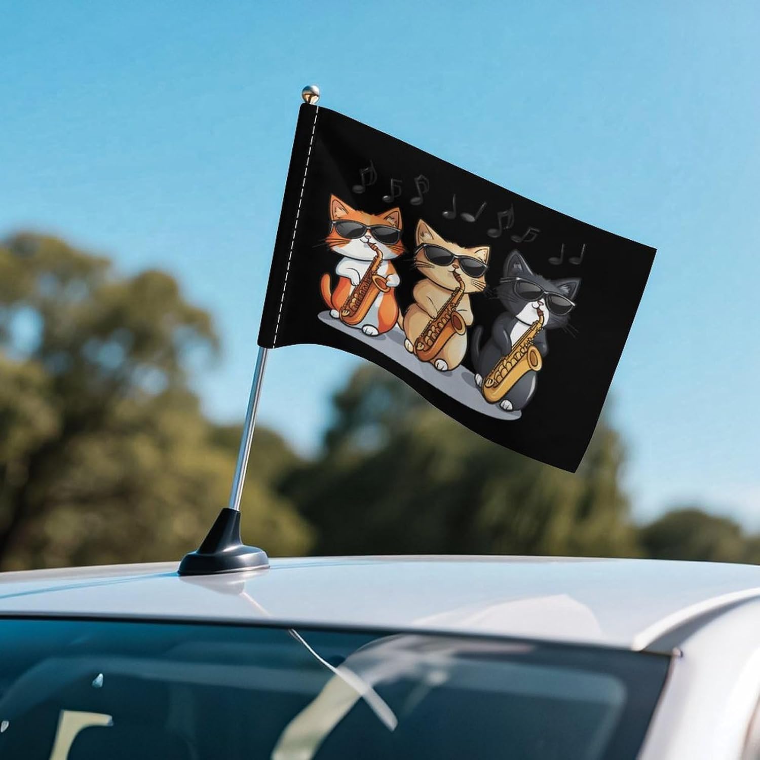 Cats Playing Saxophone Musician Car Flag Polyester Clip Flags Mini Handheld Banners for Auto Outside Travel Decor image 5