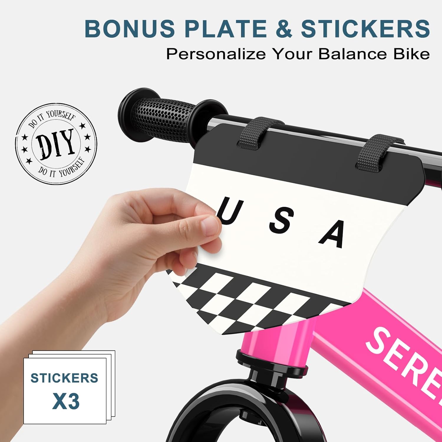 sereed toddler balance bike 2 year old, no pedal kids toy bike for 2-5 years old, tool-free adjustment, gift for 2-3 boys girls, customize plate with 3pcs stickers (rose pink)