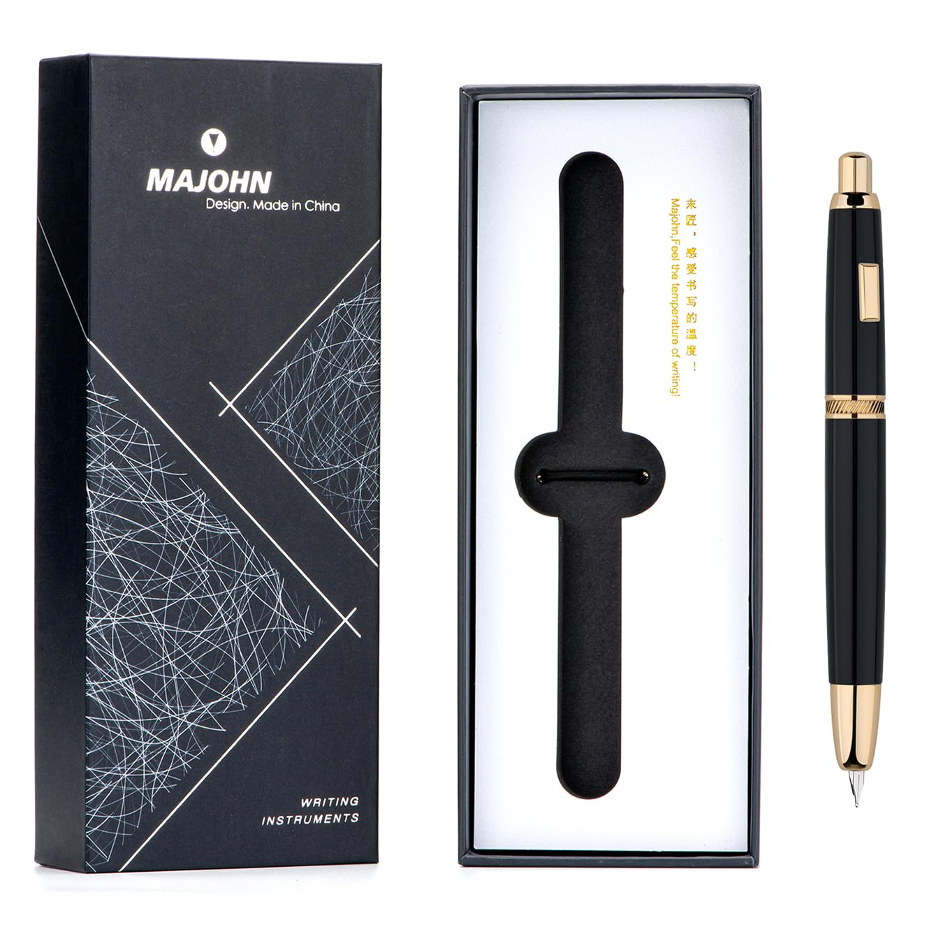 Majohn A1 Press Pluma estilográfica de punta fina con convertidor, juego de escritura retráctil negro dorado (sin versión con clip)