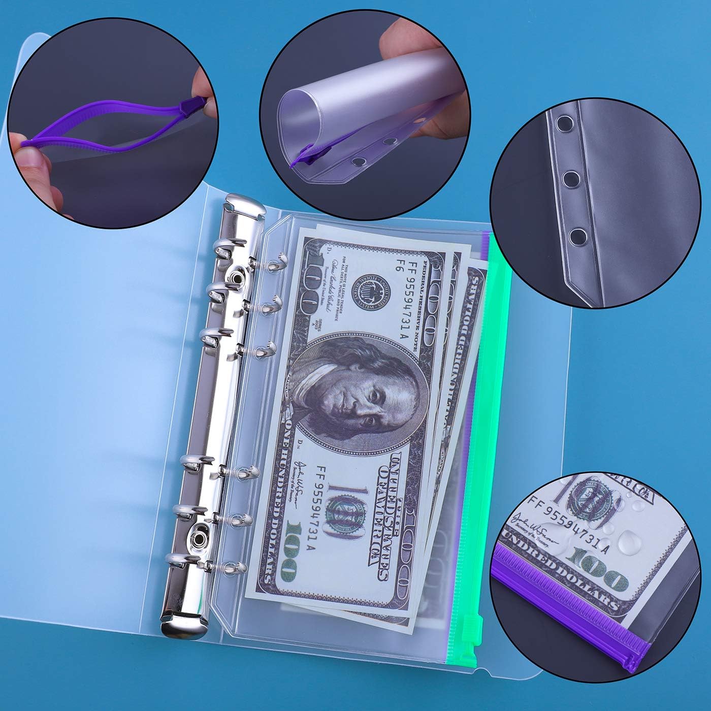Antner A6 Binder Pockets Multicolor Zipper with Binder Cover Waterproof Cash Budget Envelopes System Loose Leaf Bags