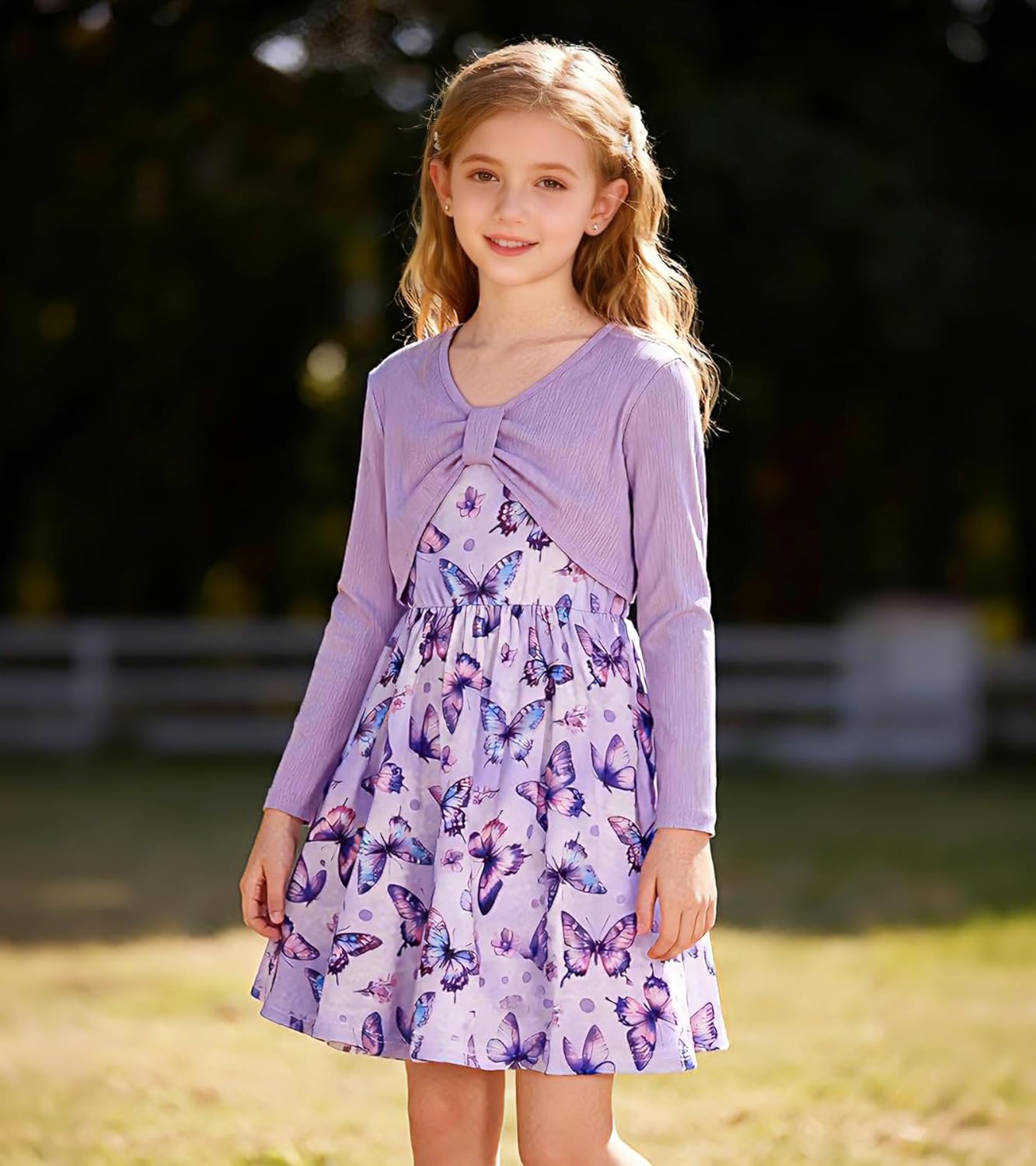 Girl's 2 Piece Outfit Printed Cami Dress with Long Sleeve Bow Crop Cardigan Set for 5-12 Years - Image 3