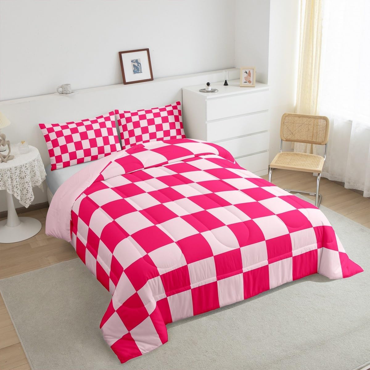 Feelyou Checkered Bedding Set Teen Women Boho Modern Cute Aesthetic Decorative Girly Comforter Set Full Size Kids Boys Girls Geometric Chic Duvet Insert Pink White Plaid Room Decor