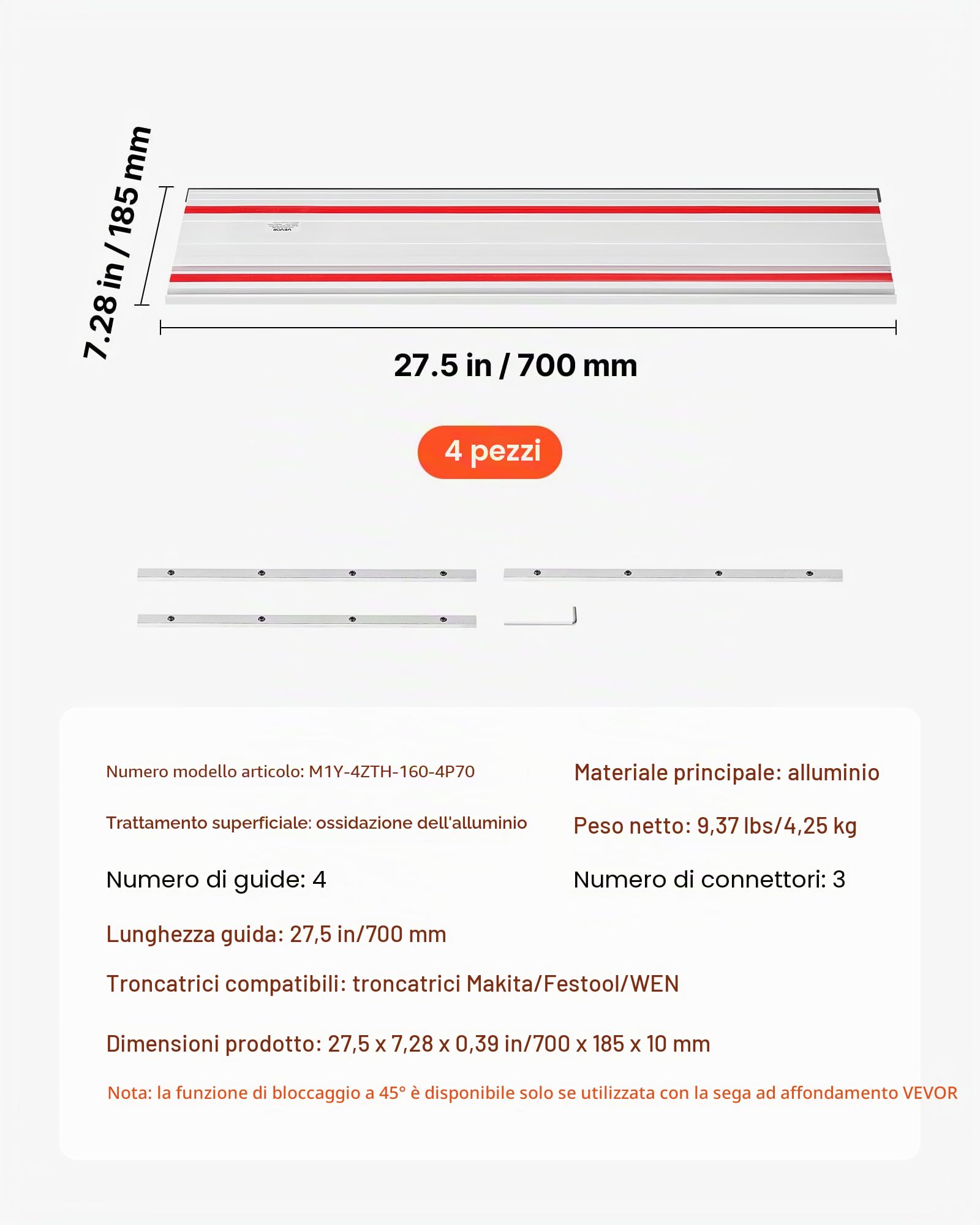 VEVOR Binario di Guida per Troncatrice Circolare Lunghezza Guida 698,5 mm Set 4 Guide in Alluminio 3 Connettori, Set di Guide per Seghe Circolari per Lavorazione del Legno per Fai-da-te Falegnameria