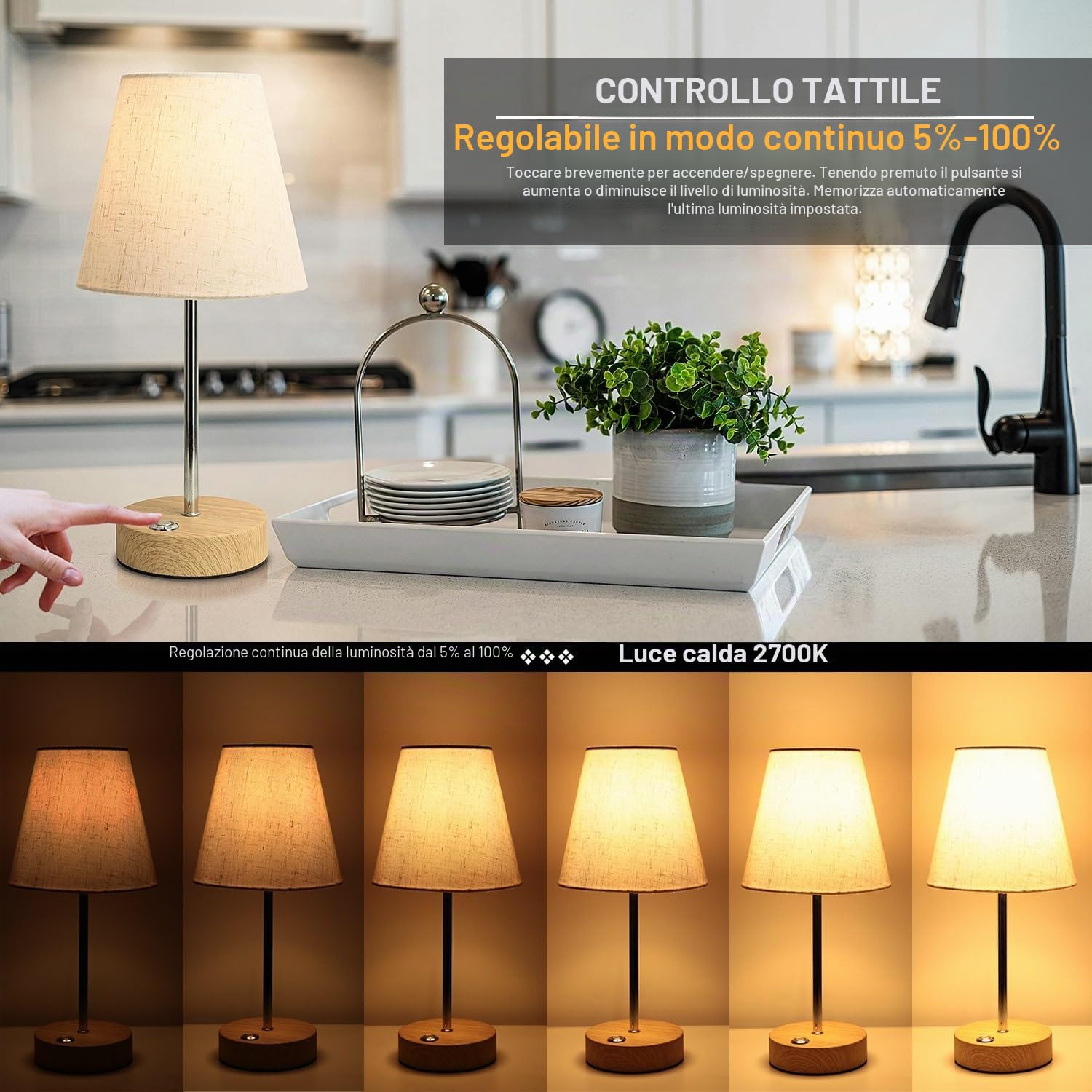HSLighting Lampada da Tavolo Senza Fili, Touch Senza Fili Abat-jour Lampada da Scrivania Portatile con Regolazione Continua della Luminosità Lampada da Comodino per Sala da Pranzo Hotel Bar (Moderno)