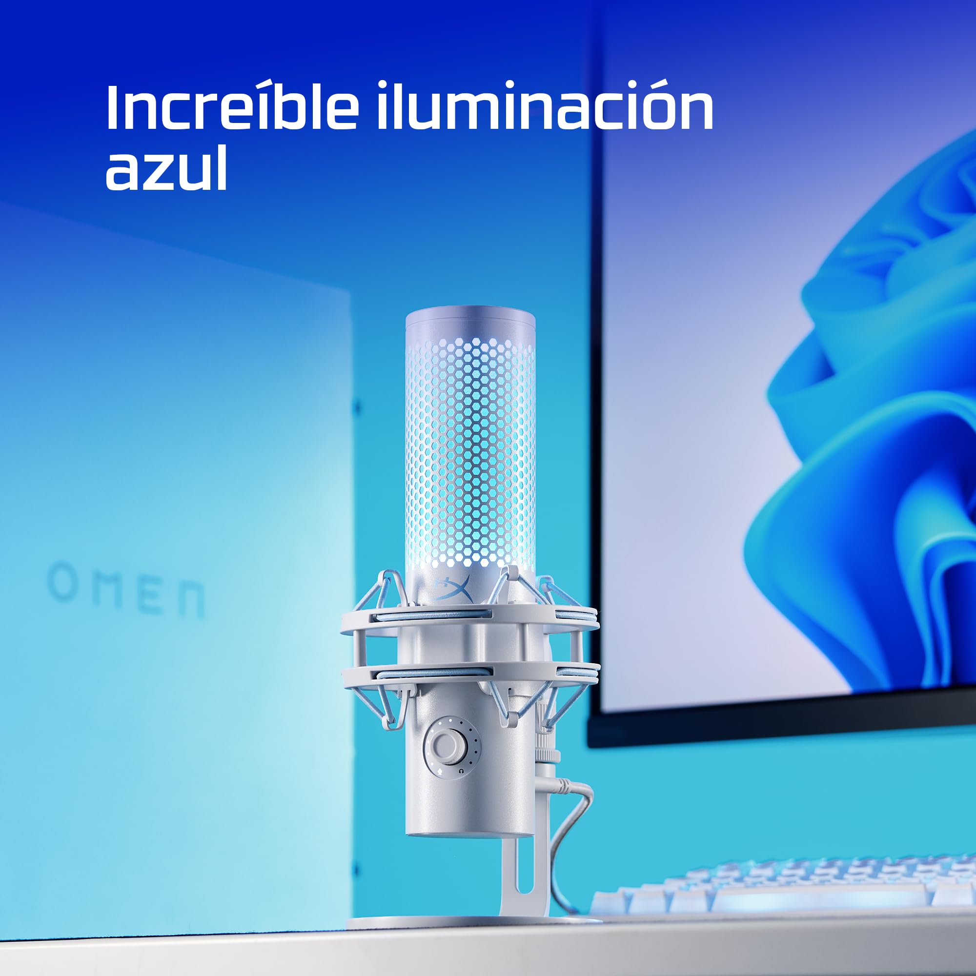 HyperX Quadcast 2 Frost - Micrófono USB para Gaming, Streaming, Podcast, Cuatro Patrones Polares, Controles, LED, antivibración, para PC, PS4, PS5 y Mac, Blanco y Azul
