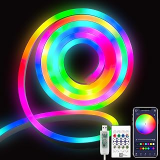 16.4FT/5M Smart IC LED Strip Lights, USB 5V Neon Rope Light with App/Remote Control, Color Changing, Easter Waterproof Cuttable Silicone Light for Valentines Bedroom TV Gaming Room Decor