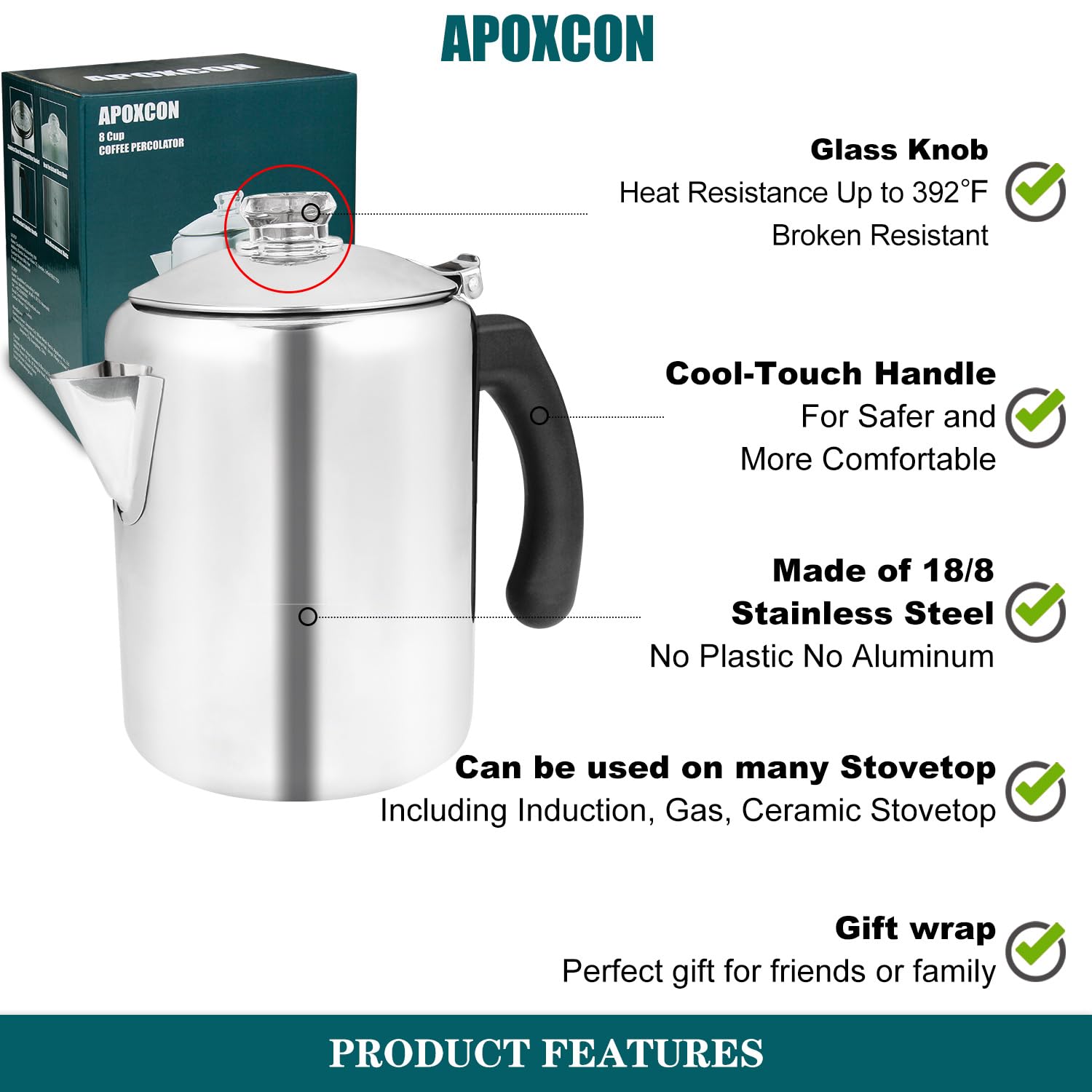 APOXCON Percolateur à café en acier inoxydable avec bouton en verre résistant à la chaleur - Cafetière de camping - Utilisation sur n'importe quelle cuisinière - Argenté - 8 tasses