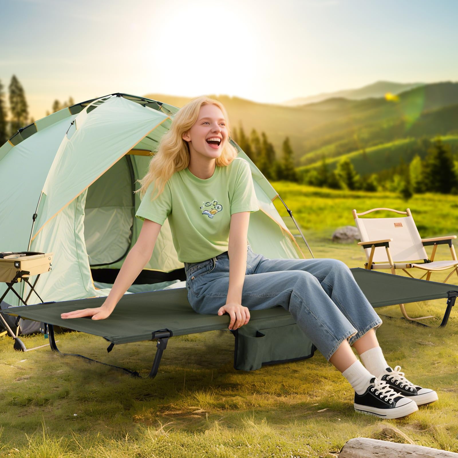 GOPLUS Cama de Camping Portátil, Cama Plegable con Bolsillo Lateral, Bolsa de Transporte, Ultraligera para Dormir al Aire Libre para Senderismo, Camping, Viajes, Jardín, 193 x 70 x 18 cm