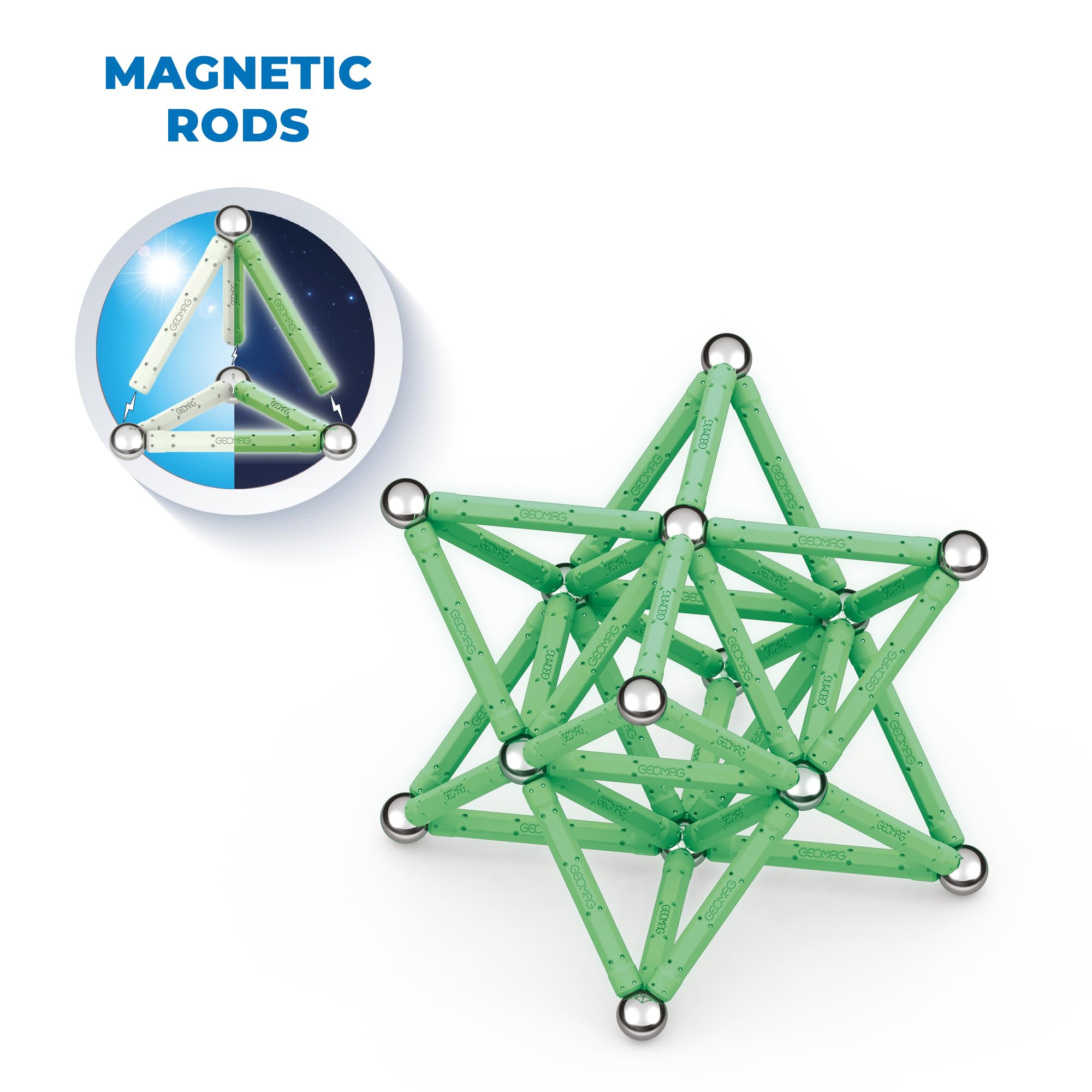 GEOMAG - 93 Teile Leuchtende Magnetspiel für Kinder Jugendliche ab 5 Jahre | Glow Recycled, Magnetspielzeug aus Recycling-Kunststoff mit 4 Aufbewahrungsboxen, STEM Lernspielzeug, Geschenk Geburtstag