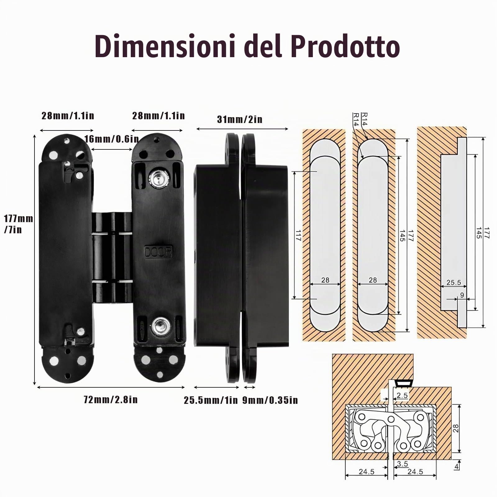 Cerniere porte scomparsa 180mm,invisibile pesanti, carico 80 kg | Cerniere per porte pieghevoli 3D con viti a chiave esagonale, apertura a 180º