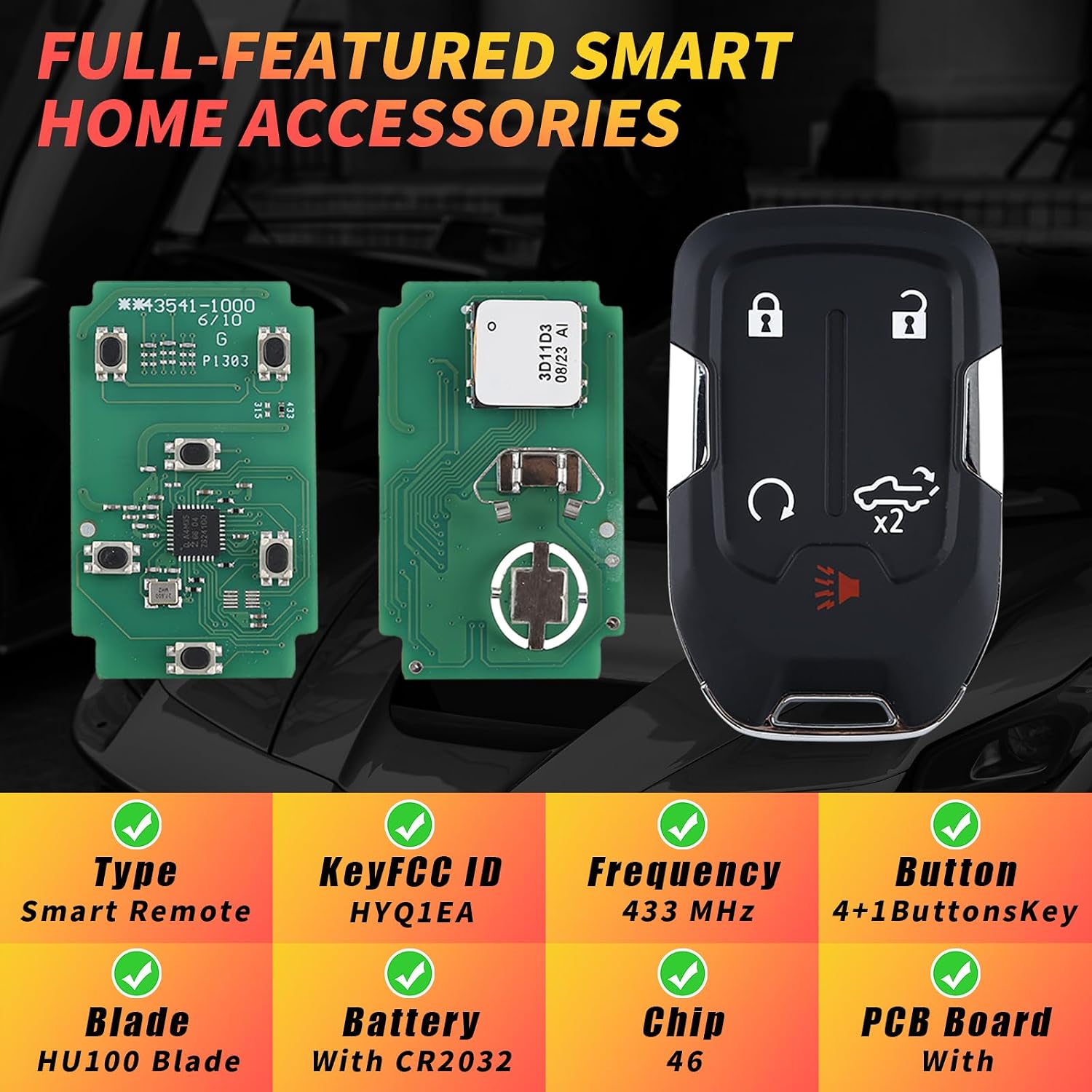 ABUDU Smart Key Fob Replacement for GMC Sierra /Chevy Silverado 1500/2500/3500 (2019–2022) — FCC ID HYQ1EA/HYQ1ES, 433MHz 46 Chip, 5-Button Keyless Entry Remote with Push Start & Panic