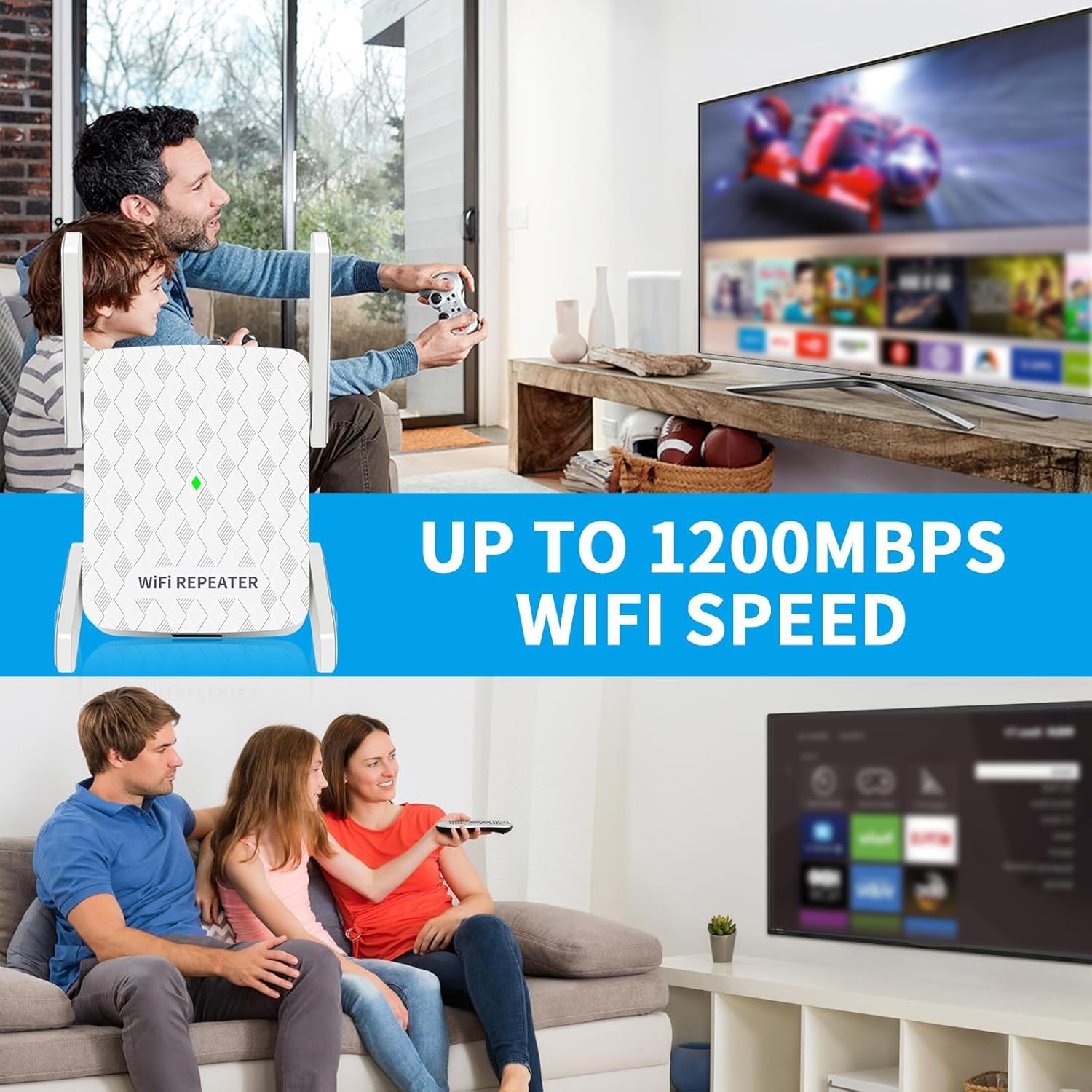 Amplificateur WiFi ultraxtended 1200 Mbps, répéteur WiFi double bande 5 GHz et 2,4 GHz – avec port Ethernet, 4 antennes, configuration rapide, amplificateur de signal sans fil domestique