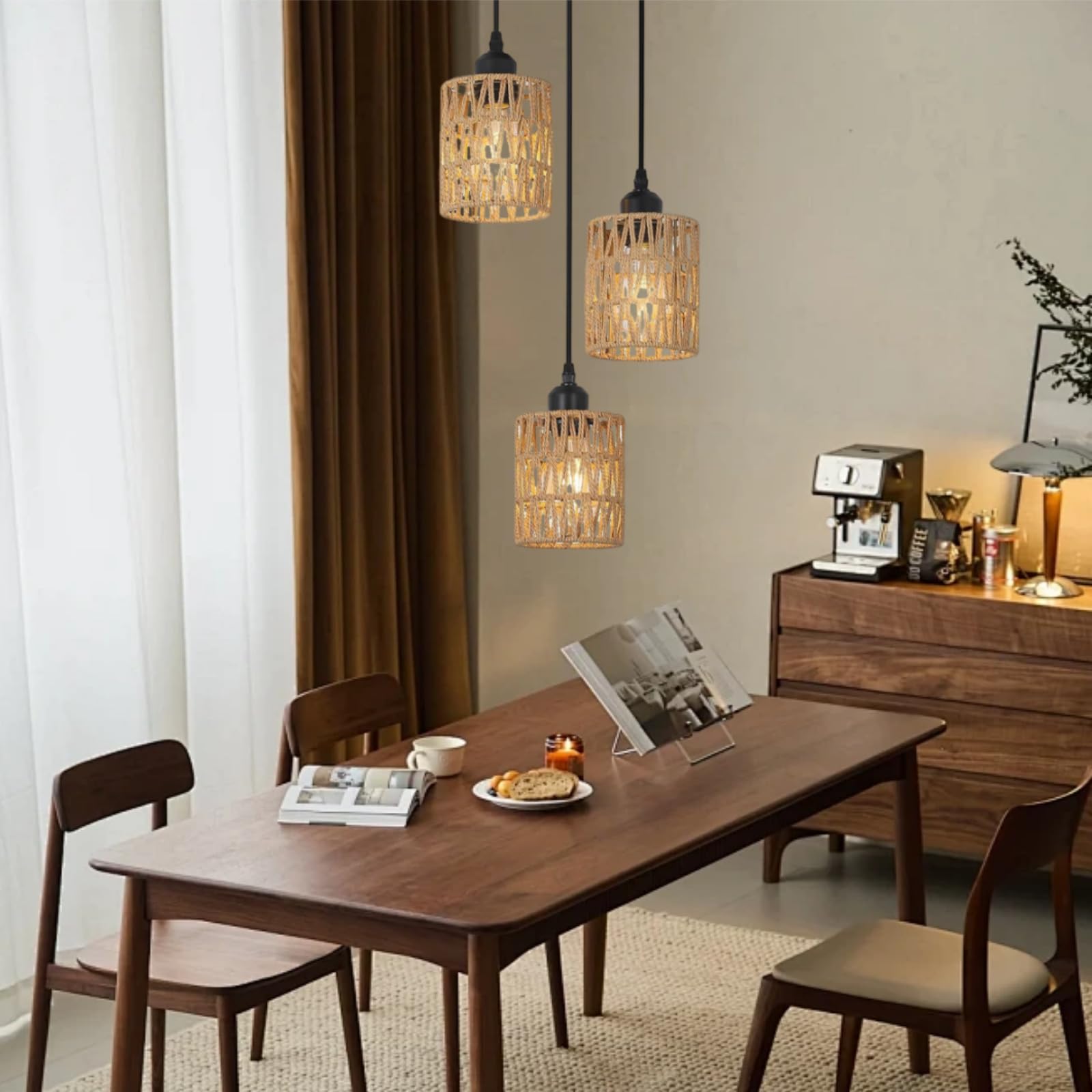 Lampade a Sospensione 3 Luci a Rattan, Retrò Paglia da Soffitto | Boho Lampadario Cucina, Attacco E26, Cavo del Ciondolo Regolabile, Lampadina non Inclusa, per Soggiorno Camera da Letto-Nero