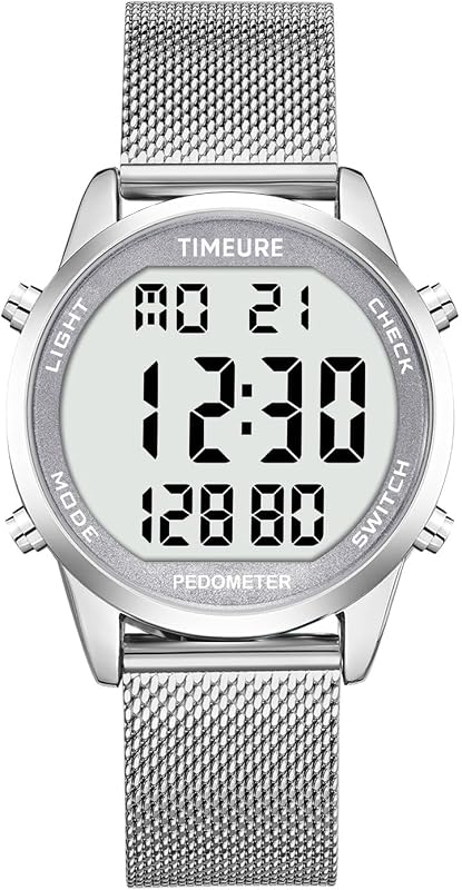 Men's Pedometer Watch with Stainless Steel Bracelet,Step Counter Watch No App, No Charging Needed for Ourdoor Walking, Calorie, Distance, Alarm, Countdown Timer Watch TU-2306B TIMEURE