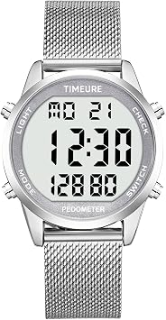 Mens Pedometer Watch with Stainless Steel Bracelet,Step Counter Watch No App, No Charging Needed for Ourdoor Walking, Calorie, Distance, Alarm, Countdown Timer Watch TU-2306B TIMEURE