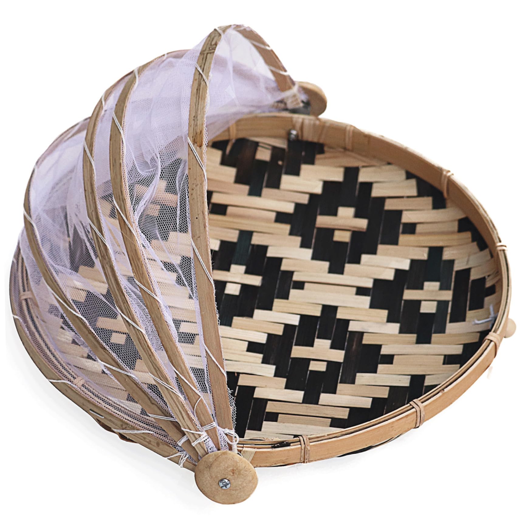 Lcarege Food Tent, 14 Inch Bamboo Fruit Basket with Mesh Cover, Dustproof Round Fruit Vegetable Bread Cover Storage Container for Picnics, Camping Trips