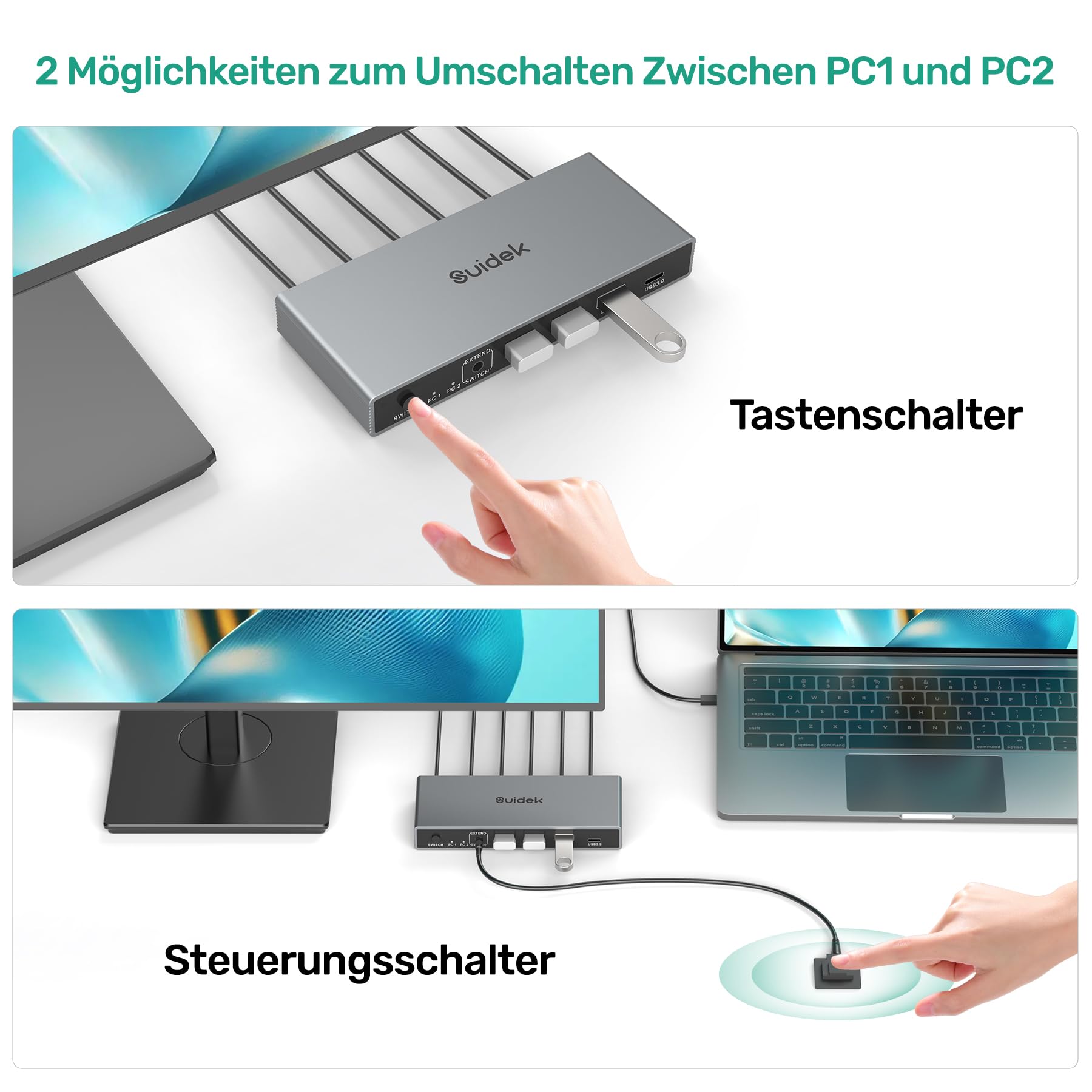 SUIDEK USB-C+HDMI KVM Switch 2 in 1 Out 4K@60Hz Aluminium mit USB 3.0-Anschlüssen für 1 Laptop und 1 Desktop teilen 1 Monitor, Tastatur, Maus und Drucker, mit USB-Kabeln/Controller