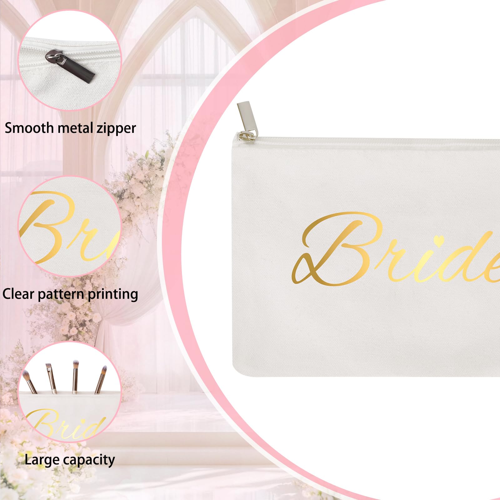 6 Pack Bride to Be Gifts Include Large Bride Tote Bag Slippers Hair Scrunchie Makeup Mirror Silk Sleep Eye Mask Makeup Bag - Image 4