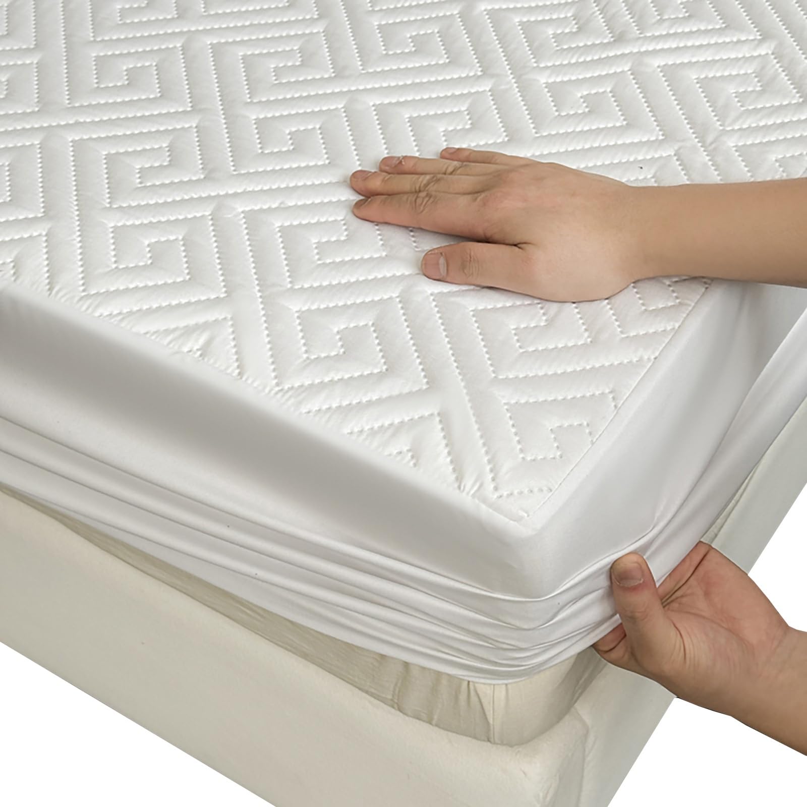 Non-Slip Mattress Protector Double Bed, 30cm Deep Pocket Fitted Cover with Full-Circle Elastic Grip, Waterproof Quilted Soft Top, Easy to Remove & Clean(White,120x200cm/47x79in) — image 1